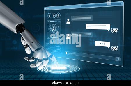 A generative AI assistant displays its own conversational interface. Users can type prompts to interact with the chatbot for intelligent support and Stock Photo
