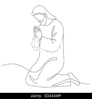 Jesus Christ praying, drawn with one continuous line. Christian symbol of Easter and Christmas in a simple line style. Editable stroke. Vector illustr Stock Vector