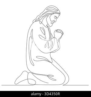 Jesus Christ praying, drawn with one continuous line. Christian symbol of Easter and Christmas in a simple line style. Editable stroke. Vector illustr Stock Vector