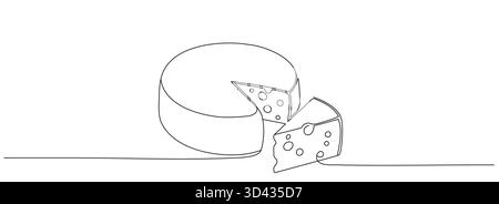 Cheese one line continuous drawing. Cheese products continuous one line illustration. Vector minimalist linear illustration. Editable line. Stock Vector