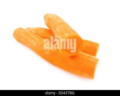 Three whole, peeled, bright orange carrots stacked and isolated on a white background, one cut to reveal the inner core. High quality photo Stock Photo