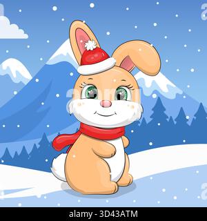 Cute cartoon Rabbit with red scarf and hat in winter. Vector Illustration of Animal in nature on a blue background with snow. Stock Vector