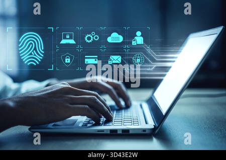 System for safeguarding digital identity using fingerprint authentication, encryption, and secure access protocols across cloud, device, and personal Stock Photo