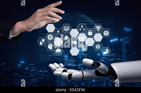 AI managing integrated business system, analyzing data, securing digital infrastructure, connecting intelligent platforms, and optimizing enterprise Stock Photo