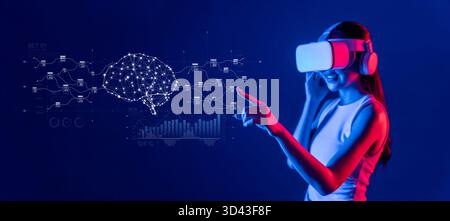 Explore the dynamic intersection of virtual reality and generative AI as a young woman engages with innovative data management concepts in a Stock Photo
