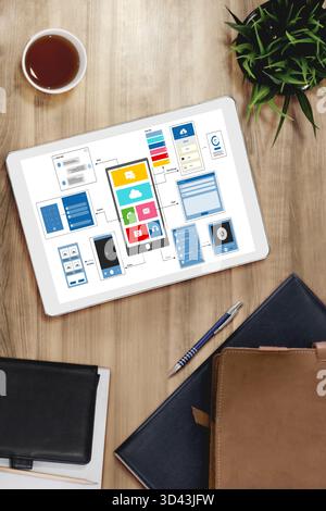 UX UI design process for modish mobile application and website . Creative prototype of wireframe for professional app developer . Stock Photo