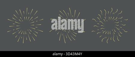 Gold wavy sunburst frame set. Golden curly radial sun light border collection. Stock Vector