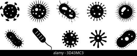 Bacteria and virus icons. Disease-causing bacterias, viruses and microbes. Stock Vector