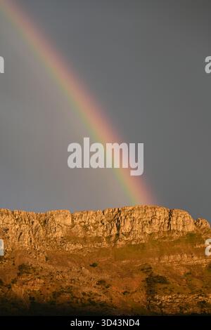 Arc of Dramatic Rainbow and Golden Rocks Lit at Dusk with Dark Dramatic Sky  Traversières Ridge Verdon Provence France Stock Photo