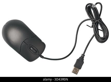 A black wired computer mouse with its cable on white Stock Photo - Alamy