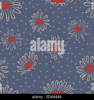 Daisy Floral Polka dot pattern, Daisy flowers Seamless patterned background vector cute hand drawn style, grey, white, red Stock Vector