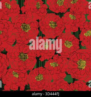 Gingham Mari Gold flower plaid pattern, red Christmas, valentine, vector seamless pattern, hand drawn illustration, line drawing stylized flower. Stock Vector