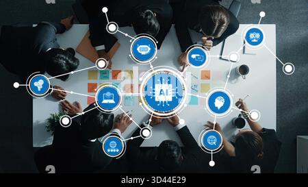 A dynamic group of diverse professionals collaborating on artificial intelligence concepts in a modern workspace, showcasing innovation and strategic Stock Photo