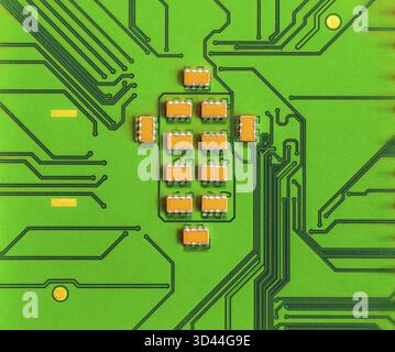 Macro Close up of microchips and pins on Main CPU PC processor circuit board Stock Photo