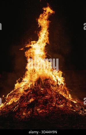 Top of a giant bonfire burning in the night Stock Photo
