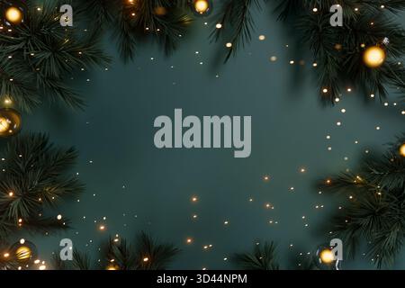Festive Christmas pine branches decorated with golden garland and glowing lights on dark background. 3d rendering Stock Photo