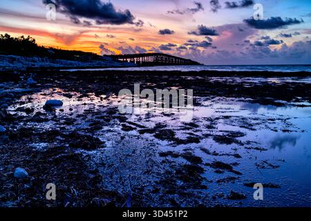 The Old Flagler Railroad Bridge at dawn, from Spanish Harbor Key Stock Photo