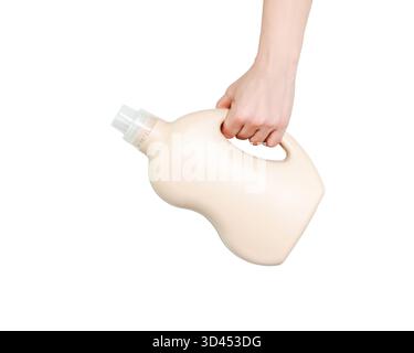 Isolated Hand Holding Beige Laundry Detergent Bottle on Transparent Background. Concept of Eco-Friendly Packaging, Sustainable Cleaning Products, and Stock Photo