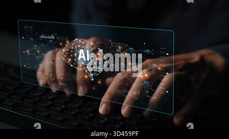 AI neural network and data processing system visualizing artificial intelligence with brain structure, chip, and connected data blocks for computation Stock Photo