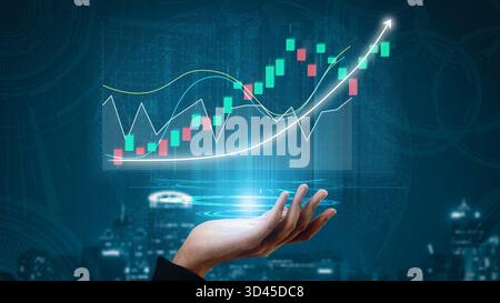 A futuristic hand conveys a digital stock market graph, showcasing a rising financial trend. This image symbolizes technology-driven investment Stock Photo