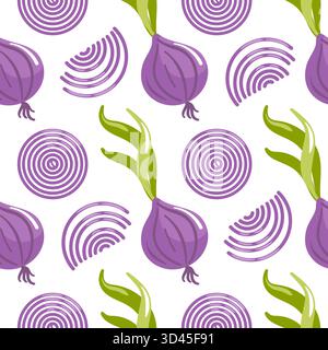 A seamless pattern of purple onions with glossy surfaces, rich aubergine tones, and delicate highlights, delivering a bold, elegant, and contemporary Stock Vector