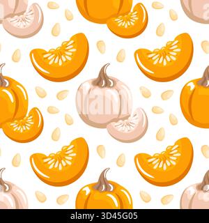 A seamless vector pattern of pumpkin pieces and seeds, warm orange tones, crisp edges, and subtle shadows for a cozy, rustic texture. Stock Vector