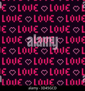 Pixel Hearts and Letters Love Seamless Pattern Trendy pink on dark Pixel Art Greetings Backdrop Fond. Vector illustration St Valentines Day Themed Cards, social media post, poster, leaflet, label, tag Stock Vector