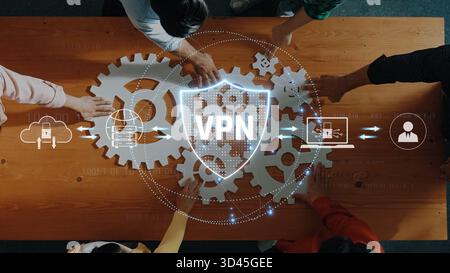 A collaborative workspace illustrating a VPN security concept with people and gear elements, symbolizing digital protection and remote networking Stock Photo