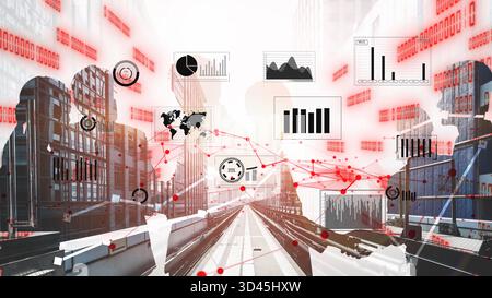 A dynamic urban scene showcasing data visualization elements, featuring silhouettes and various graphs. Represents the intersection of business and Stock Photo
