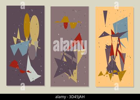 This set of three abstract geometric wall art posters features modern postmodern designs with overlapping shapes and dynamic compositions. The panels Stock Vector