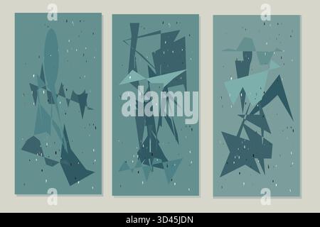 This triptych set of three abstract geometric wall art posters features angular polygons, sharp triangles, and irregular quadrilaterals in teal, turqu Stock Vector