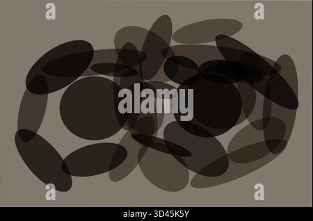 A minimalist abstract vector design featuring two large black circles on a neutral taupe-gray background. Surrounding the circles are semi-transparent Stock Vector