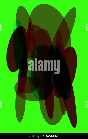 A striking abstract vector design featuring multiple semi-transparent ovals in dark shades of black, dark red, and dark green, layered on a vivid neon Stock Vector
