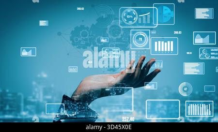 A hand reaches out against a backdrop of a city skyline, showcasing a digital interface with data visualizations. This image represents innovation and Stock Photo