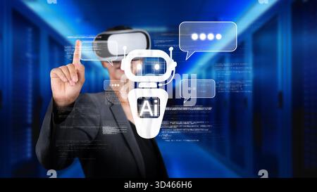 This image showcases an innovative AI chatbot concept interacting in a virtual reality setting, blending automation and machine learning in a Stock Photo