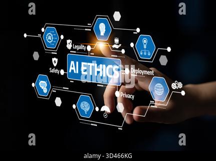 This image depicts a conceptual visualization of AI ethics, highlighting the critical aspects of safety, privacy, legality, and deployment, with an Stock Photo