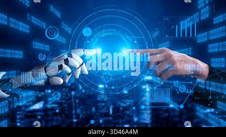 A futuristic digital representation showcasing the interaction between a human hand and a robot hand, emphasizing technology, innovation, and Stock Photo