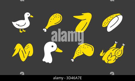 Black glyph icons duck and poultry products, including whole bird, head, wings, leg, and prepared cuts. Flat minimal vector art for gourmet restaurant Stock Vector
