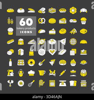 A comprehensive collection of 60 black glyph icons representing various bakery products and kitchen tools. This set is ideal for bakeries, food blogs, Stock Vector