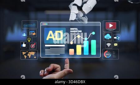 A modern digital marketing interface showcases analytics through a high-tech screen, featuring graphs and icons, while a robotic hand interacts with Stock Photo