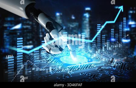 A robotic hand interacts with a digital interface, showcasing fluctuating graphs and data points, symbolizing the future of technology, analytics, and Stock Photo