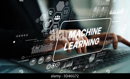 Business Professional Engaged in Machine Learning with Digital Interface and Data Visualizations for Innovation and Technology. Asymptotic smart data Stock Photo