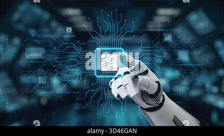A robotic hand interacts with a digital chip in a high-tech environment, symbolizing the fusion of technology and innovation in modern data processing Stock Photo