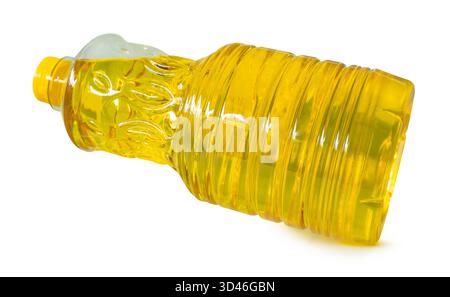 Vegetable oil or palm oil in transparent plastic bottle is isolated on white background with clipping path. Stock Photo