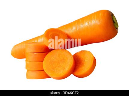 Side view of one fresh orange carrot root with carrot slices in stack is isolated on white background with clipping path. Stock Photo