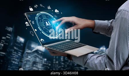 The role of AI in FinTech and modern business. A concept of using artificial intelligence for banking, investment, and data analysis solutions. Motif Stock Photo
