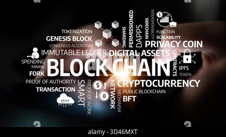 Explore the intricate world of blockchain technology illustrated with key concepts like cryptocurrency and smart contracts, showcasing its impact on Stock Photo
