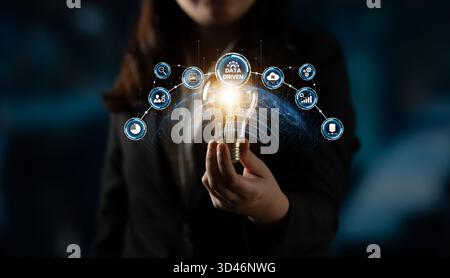 Data-driven decision-making empowers business through analytics, datum collection, and AI systems. Data driven tools support cloud data processing and Stock Photo