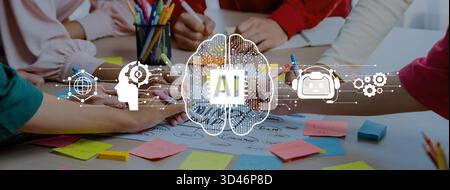 Engaging scene of a diverse team brainstorming ideas using colorful sticky notes, showcasing the integration of AI technology in their creative Stock Photo