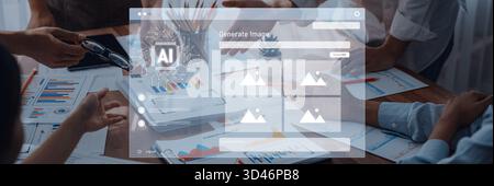 Modern workspace features digital interface for AI image generation, showcasing creative collaboration, business documents, and engaged teamwork in a Stock Photo
